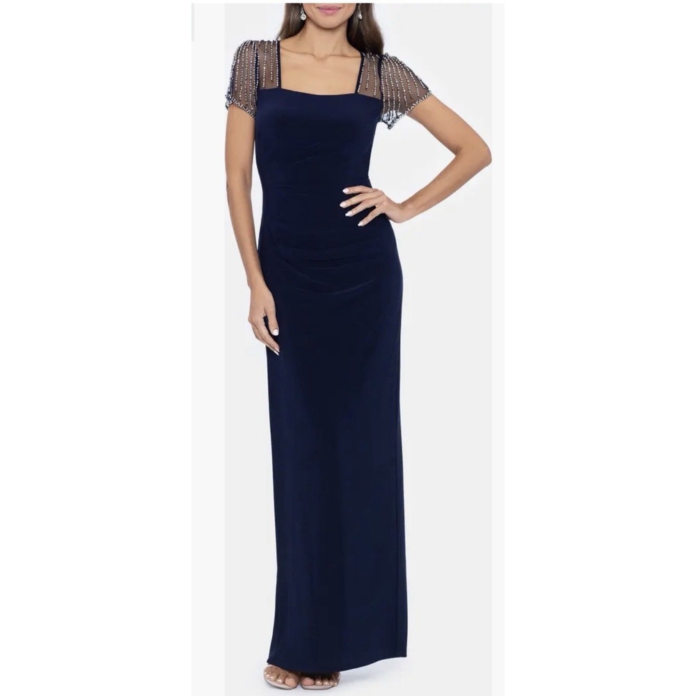 Betsy And Adam Faraj Rhinestone Sleeve Detail Column Gown Size 8P Navy